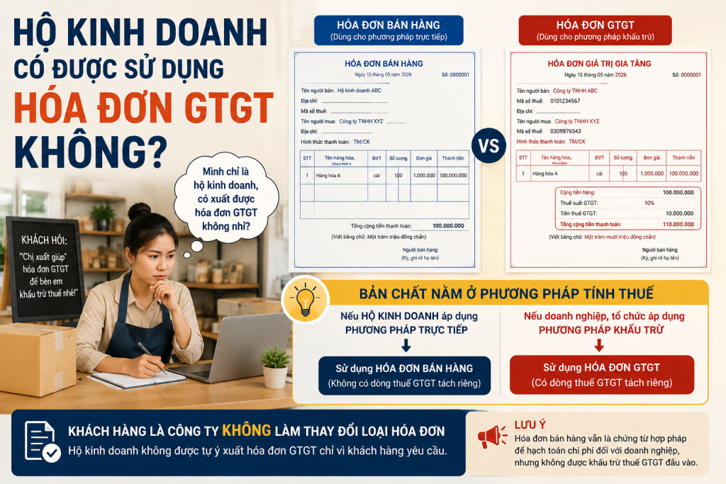 Hộ kinh doanh có được xuất hóa đơn GTGT không? Giải đáp qua tình huống thực tế (2026) 2 Hộ kinh doanh có được dùng hóa đơn GTGT không phụ thuộc vào phương pháp tính thuế